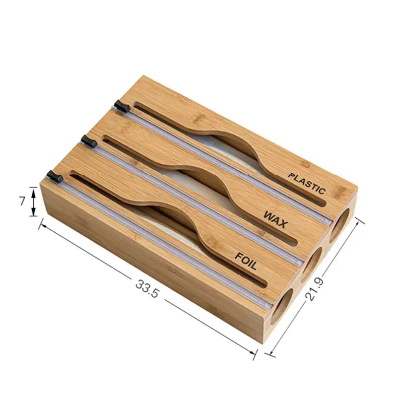 Organisateur 3-en-1 en Bambou avec Coupeur et Étiquettes pour Film Plastique, Aluminium et Papier Ciré