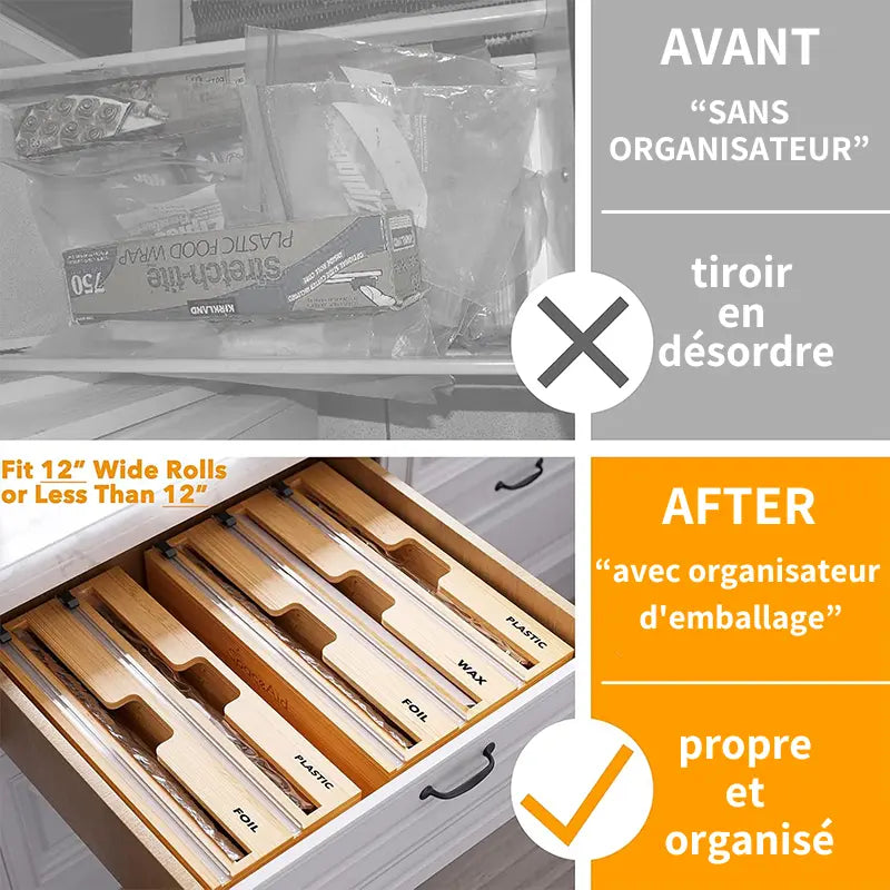 Organisateur 3-en-1 en Bambou avec Coupeur et Étiquettes pour Film Plastique, Aluminium et Papier Ciré